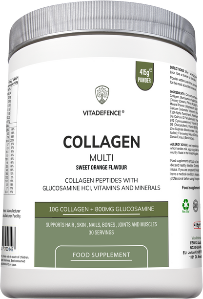 Vitadefence Collagen Multi orange flavored powder supplement in a 415g container, featuring glucosamine, vitamins, and minerals.
