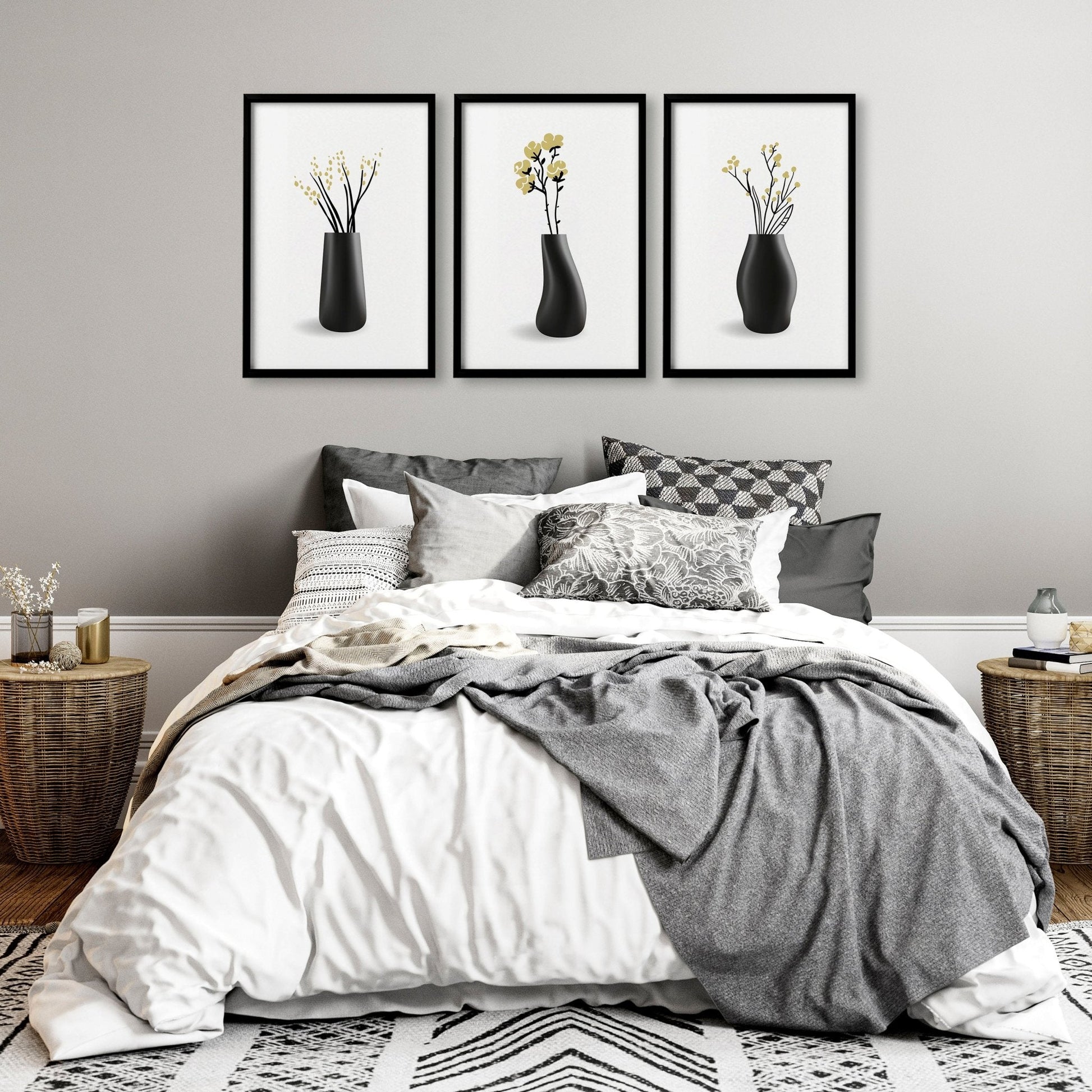 Set of three botanical canvas framed wall art prints by About Wall Art, featuring vibrant floral designs for home decor.