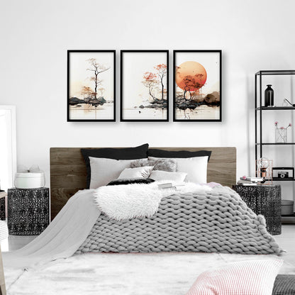 Set of 3 Asian-inspired Chinese wall art prints by About Wall Art, featuring traditional Chinese landscape and calligraphy designs.