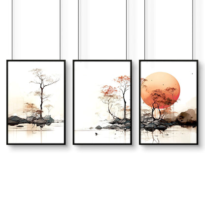 Set of 3 Chinese wall art prints featuring Asian-inspired designs, suitable for decorating living rooms or offices.