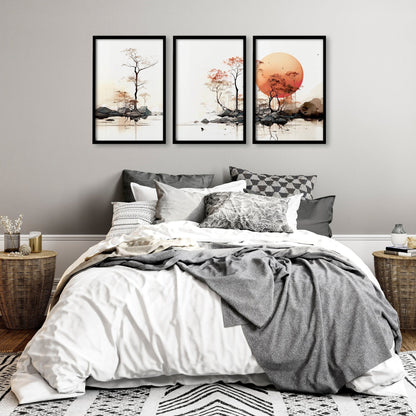 Set of 3 Chinese-inspired wall art prints featuring traditional Asian designs, suitable for home or office decor.