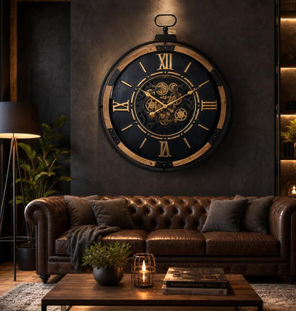 Industrial extra large black and gold Cog Clock wall clock by Maravi, featuring bold gear design and vintage industrial style.