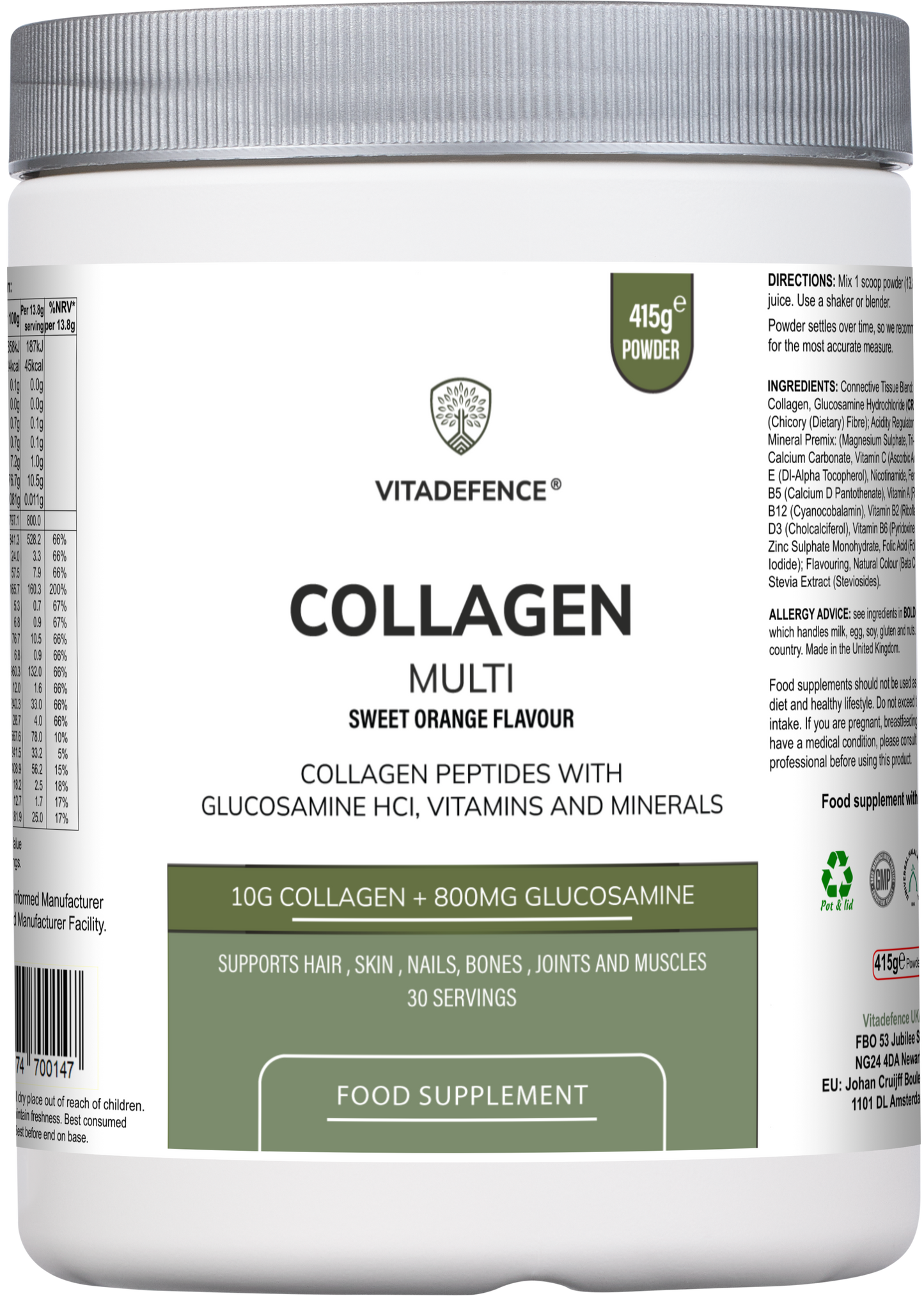 Orange-flavored Collagen Multi supplement by Vitadefence® in a 415g container, featuring powder with glucosamine, vitamins, and minerals.