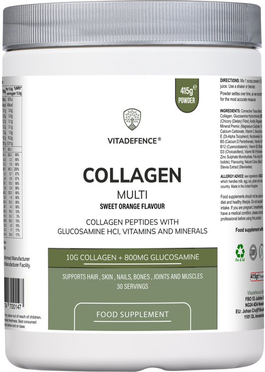 Orange-flavored Collagen Multi supplement by Vitadefence® in a 415g container, featuring powder with glucosamine, vitamins, and minerals.