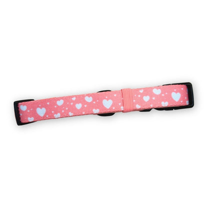 Peachy Heart dog collar by PupClub Couture featuring a soft peach color and heart pattern on durable nylon.