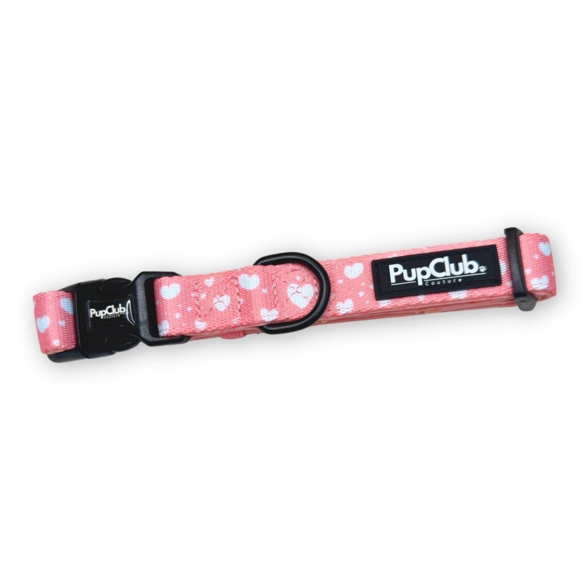 Pink dog collar with peachy heart pattern from PupClub Couture, shown with front view and adjustable strap.