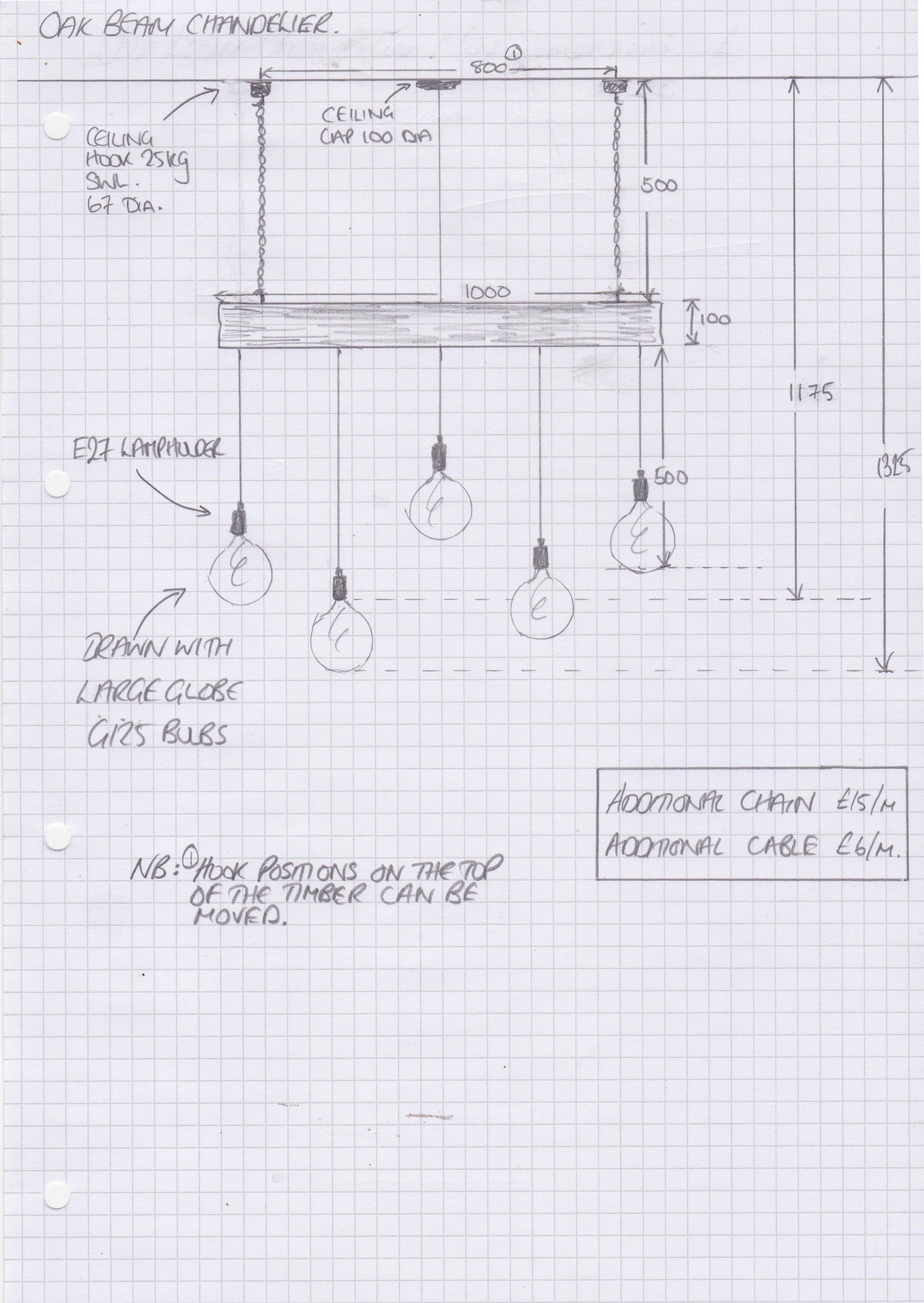 Rustic 300-year-old reclaimed oak beam chandelier with five light holders, MooBoo Home ceiling lighting fixture.