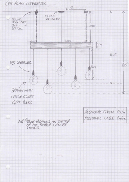 Rustic 300-year-old reclaimed oak beam chandelier with five light holders, MooBoo Home ceiling lighting fixture.