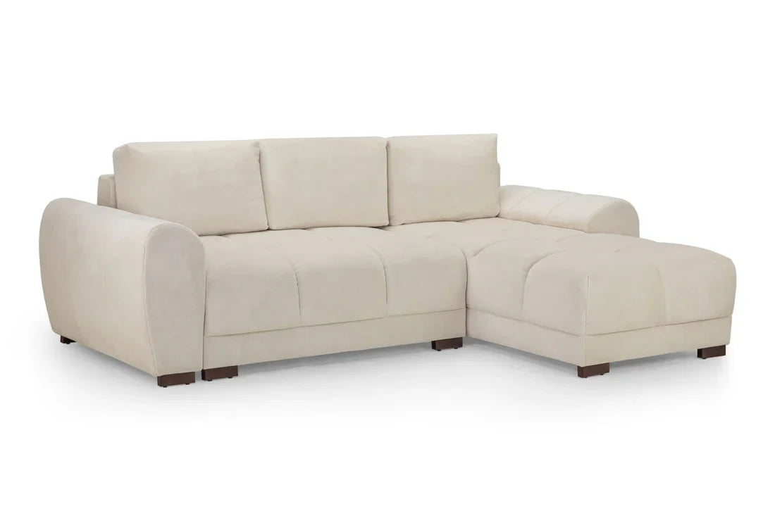 Azzuro Universal Corner Sofabed in plush velvet with built-in storage, showing the convertible sofa in a modern living room setting.