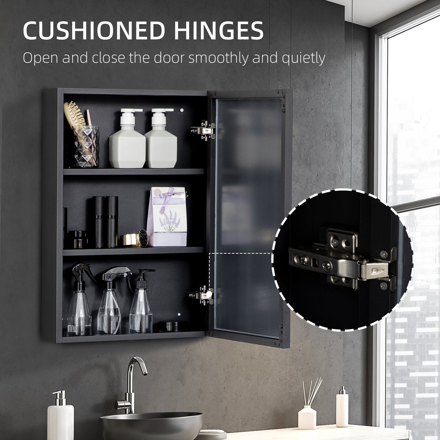 Black wall-mounted bathroom mirror cabinet with storage shelves and mirror, measuring 40x12x60cm, by Wise Galleria.