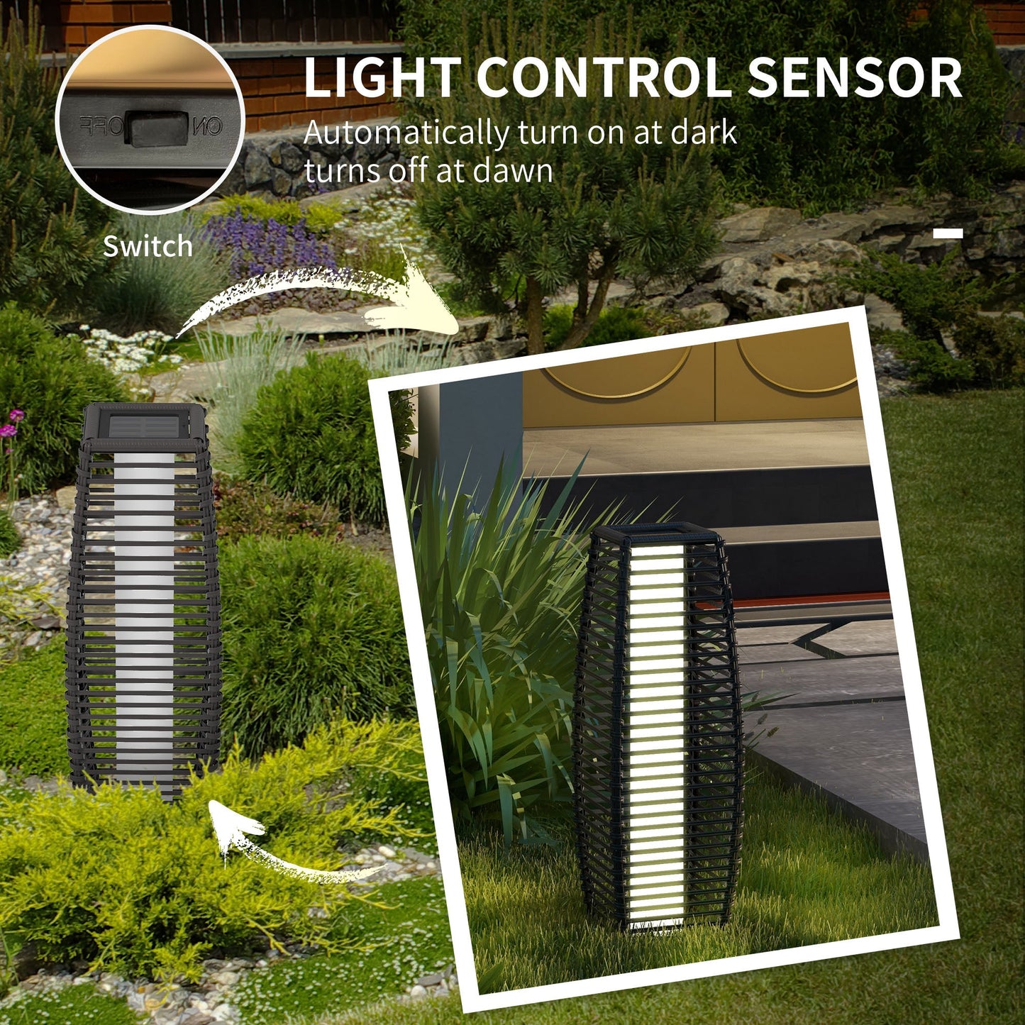 Outsunny grey rattan solar floor lamp with LED lights, 68cm tall outdoor garden lantern for porch, yard, or deck lighting