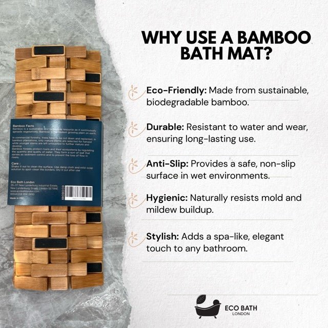Eco Bath London bamboo bath mat, roll-up shower mat with anti-slip surface and waterproof design for bathroom spa use.