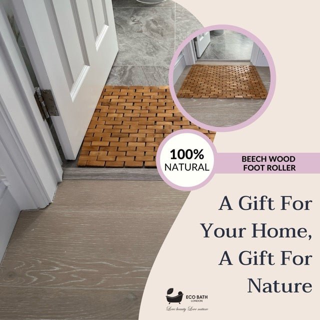 Eco Bath London bamboo bath mat, roll-up shower mat with anti-slip and waterproof features for bathroom spa use.