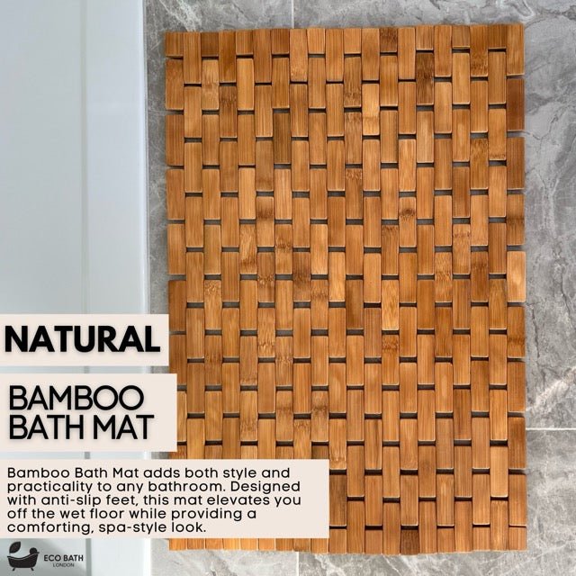 Eco Bath London bamboo bath mat, roll-up shower mat with anti-slip and waterproof features for bathroom spa use.