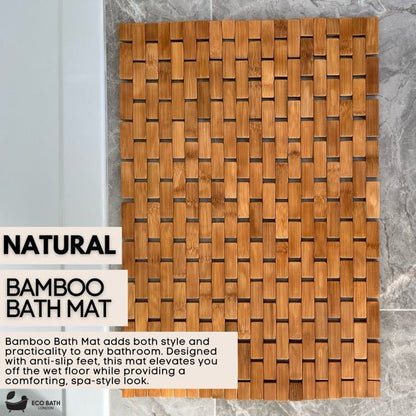 Eco Bath London bamboo bath mat, roll-up shower mat with anti-slip and waterproof features for bathroom spa use.