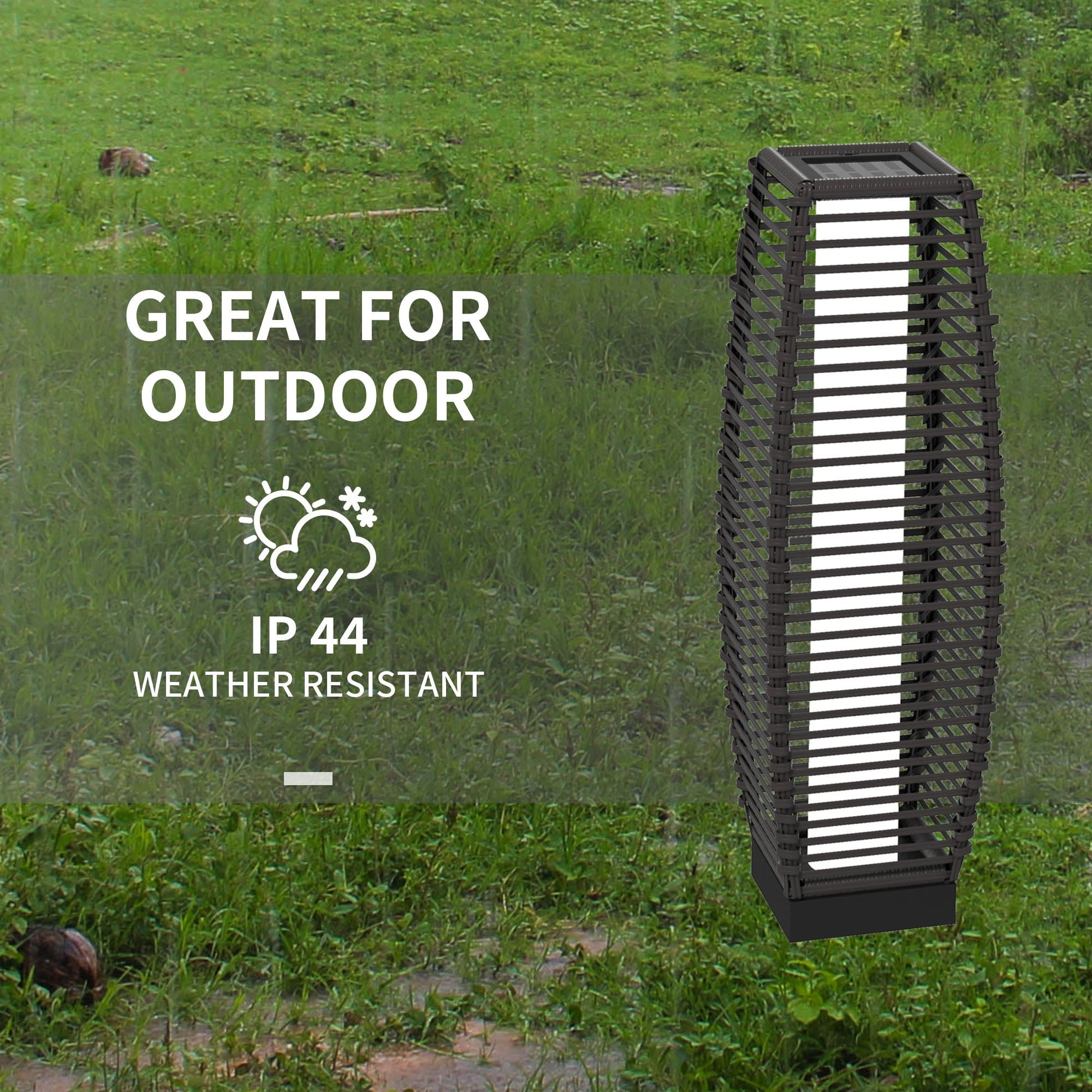 Outsunny grey rattan solar floor lamp with LED lights, 68cm tall outdoor garden lantern for porch, yard, and deck.
