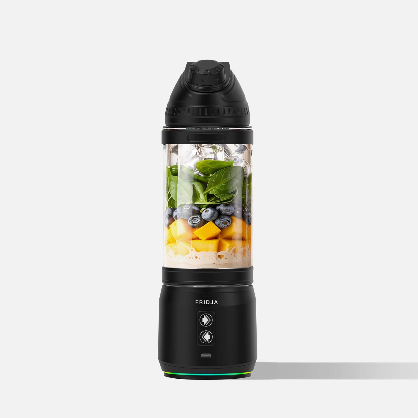 Fridja F500 portable blender with a sleek design, showing the compact body and blending jar in a close-up shot.