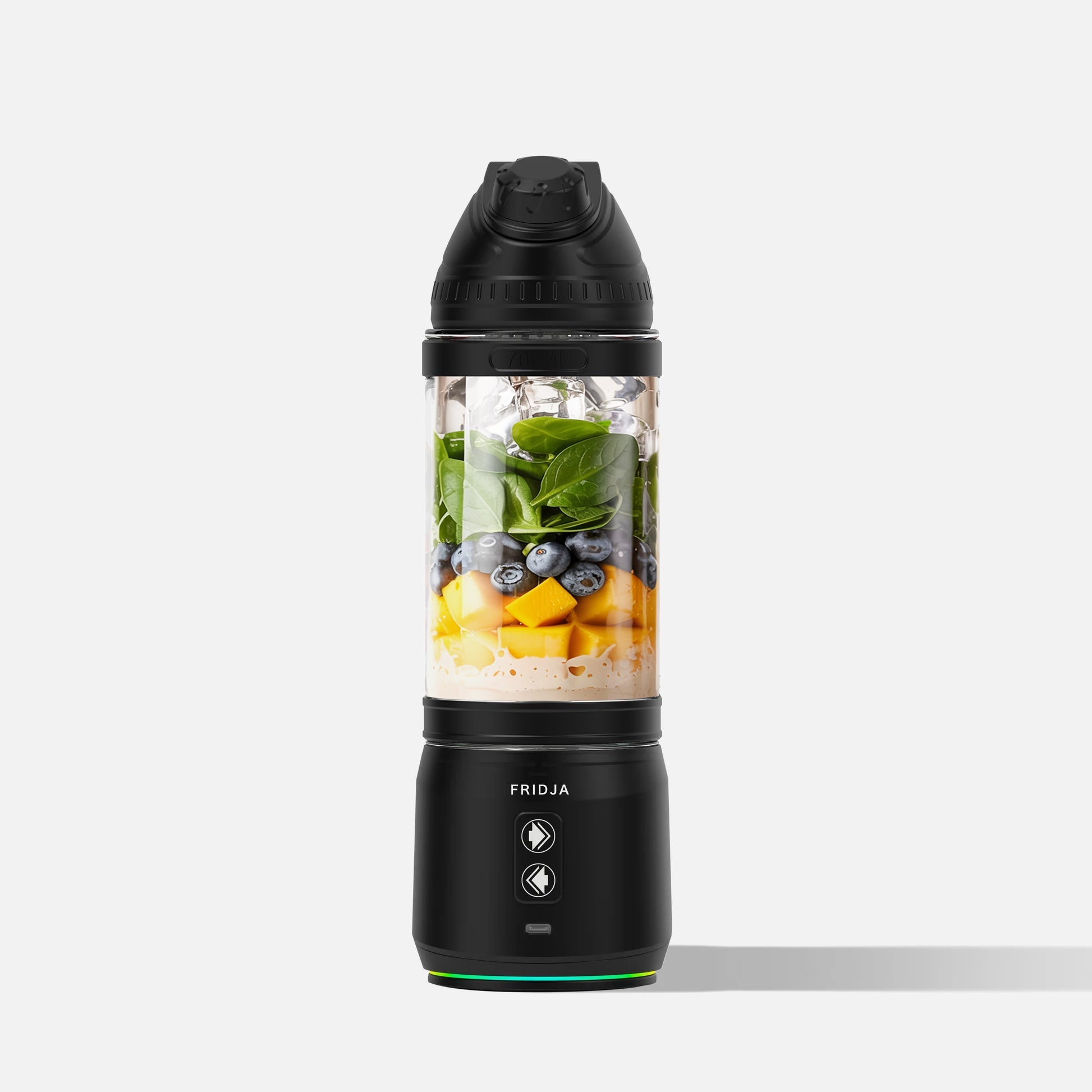 Fridja F500 portable blender with a sleek design, showing the compact body and blending jar in a close-up shot.