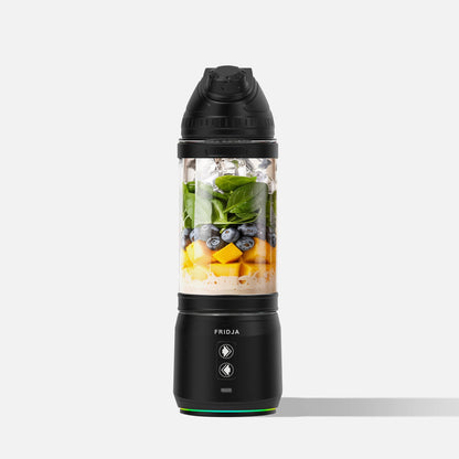 Fridja F500 portable blender with a sleek design, showing the compact body and blending jar in a close-up shot.