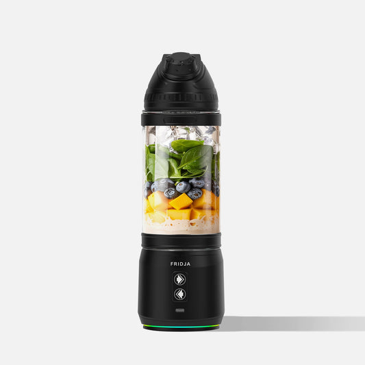 Fridja F500 portable blender with a sleek design, showing the compact body and blending jar in a close-up shot.