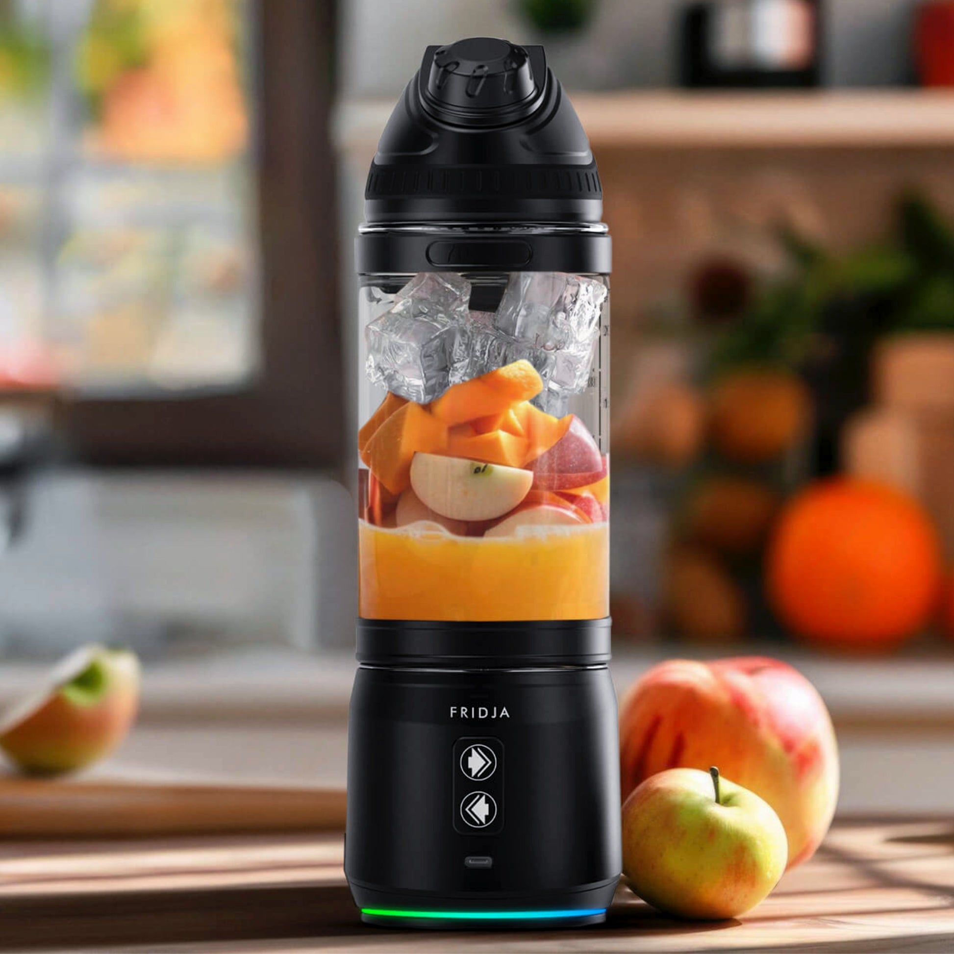 Fridja F500 portable blender with sleek design, showing the compact blender with blending jar and control buttons on the side.
