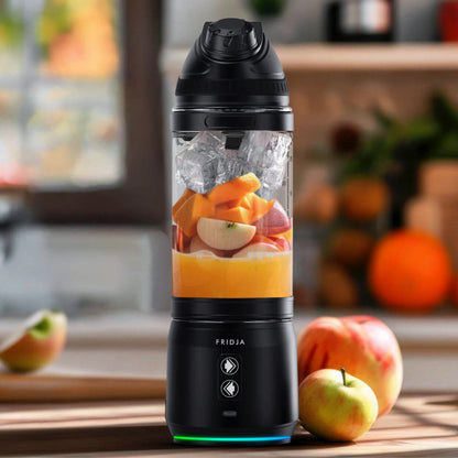 Fridja F500 portable blender with sleek design, showing the compact blender with blending jar and control buttons on the side.
