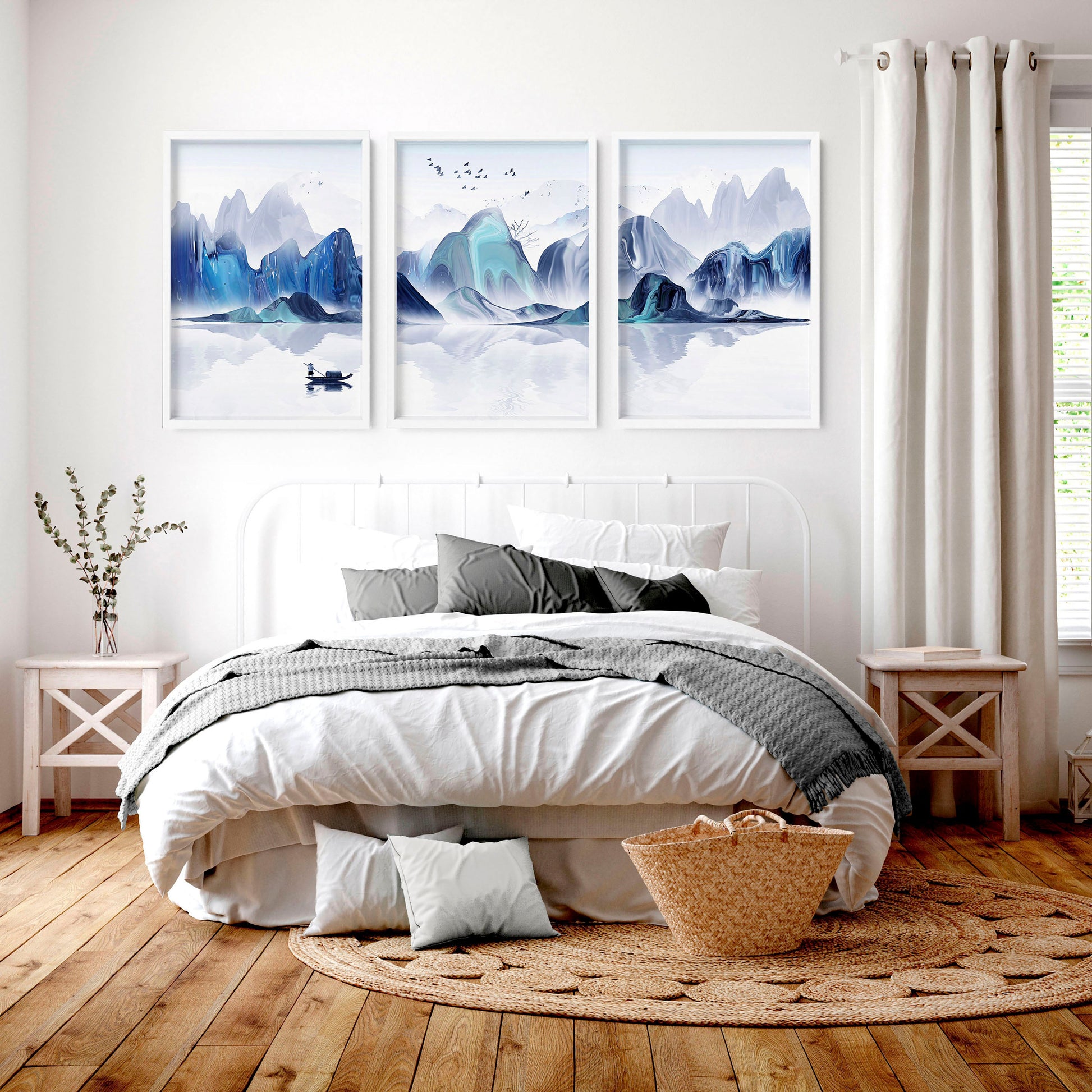 Set of three Japanese wall decor prints by About Wall Art, featuring traditional Japanese-inspired bedroom wall art prints.
