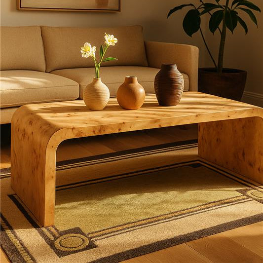 Natural Burl wood coffee table with smooth curved edges by Orsina, featuring a sleek, polished surface and organic wood grain details.