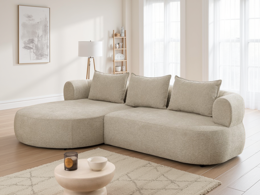 Ferro beige left-hand corner sofa with plush cushions and modern design, showcasing a stylish living room setup