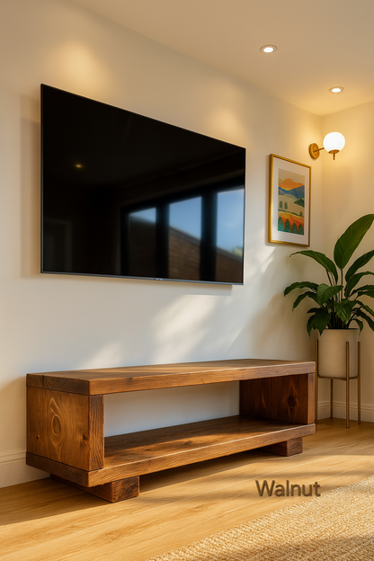 Rustic minimalist TV unit by Tribe Joinery, solid wood chunky media console with clean lines and natural wood finish.