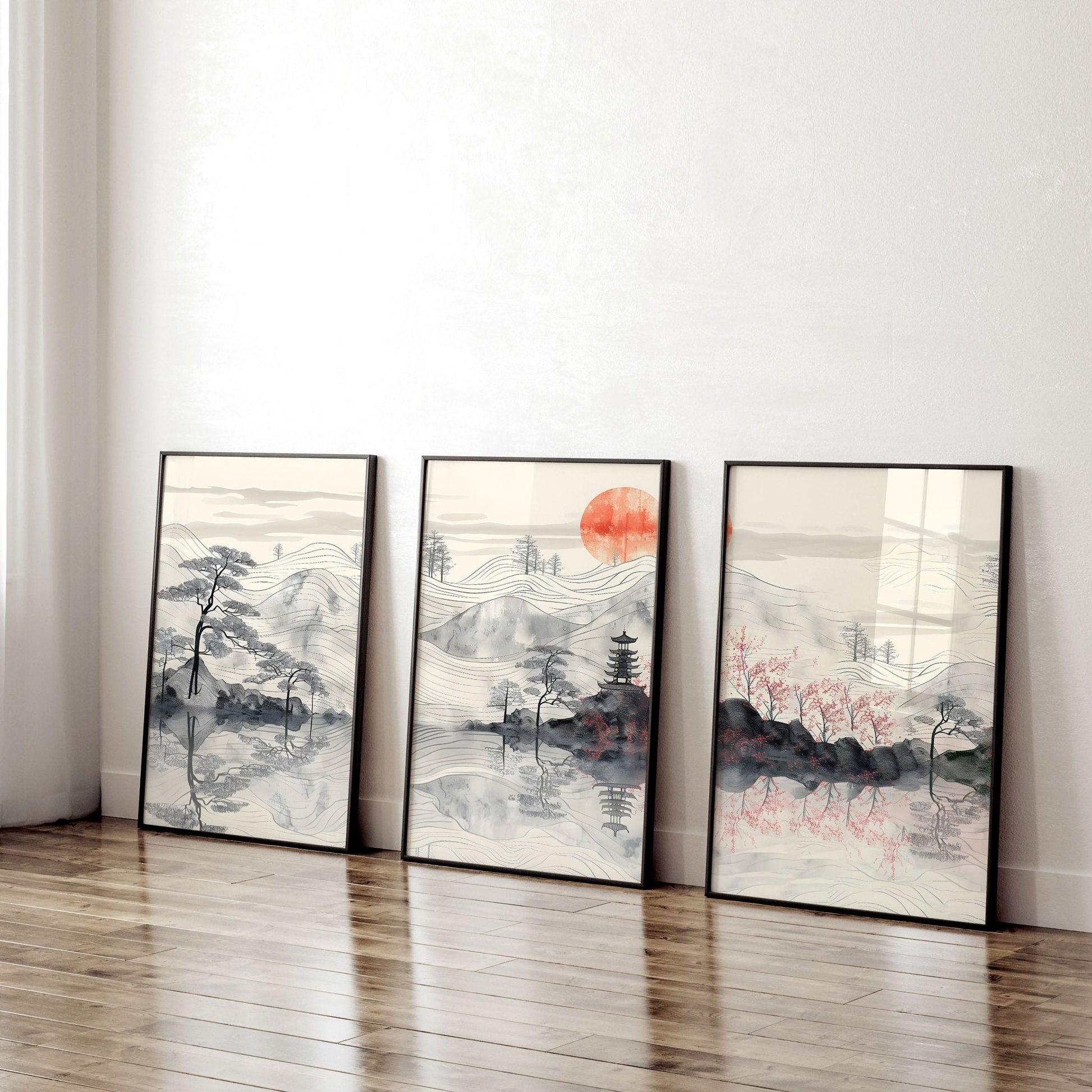 Set of three framed wall art posters for living room by About Wall Art, featuring modern print designs for home decor.