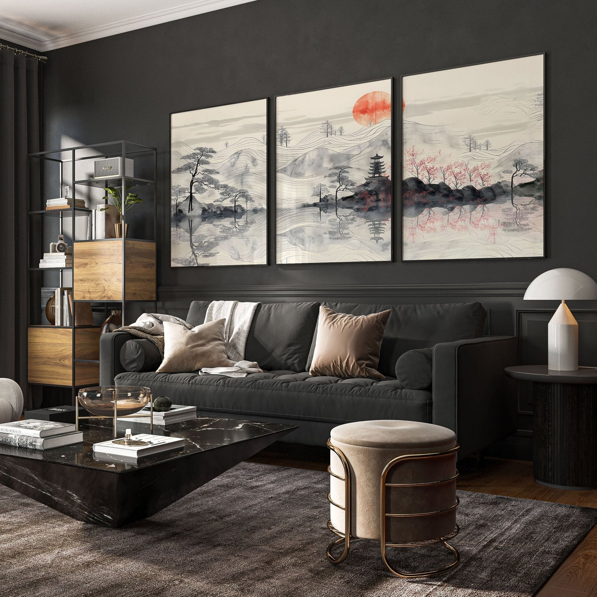 Set of three framed wall art posters for living room by About Wall Art, featuring modern print designs for home decor.