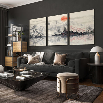 Set of three framed wall art posters for living room by About Wall Art, featuring modern print designs for home decor.
