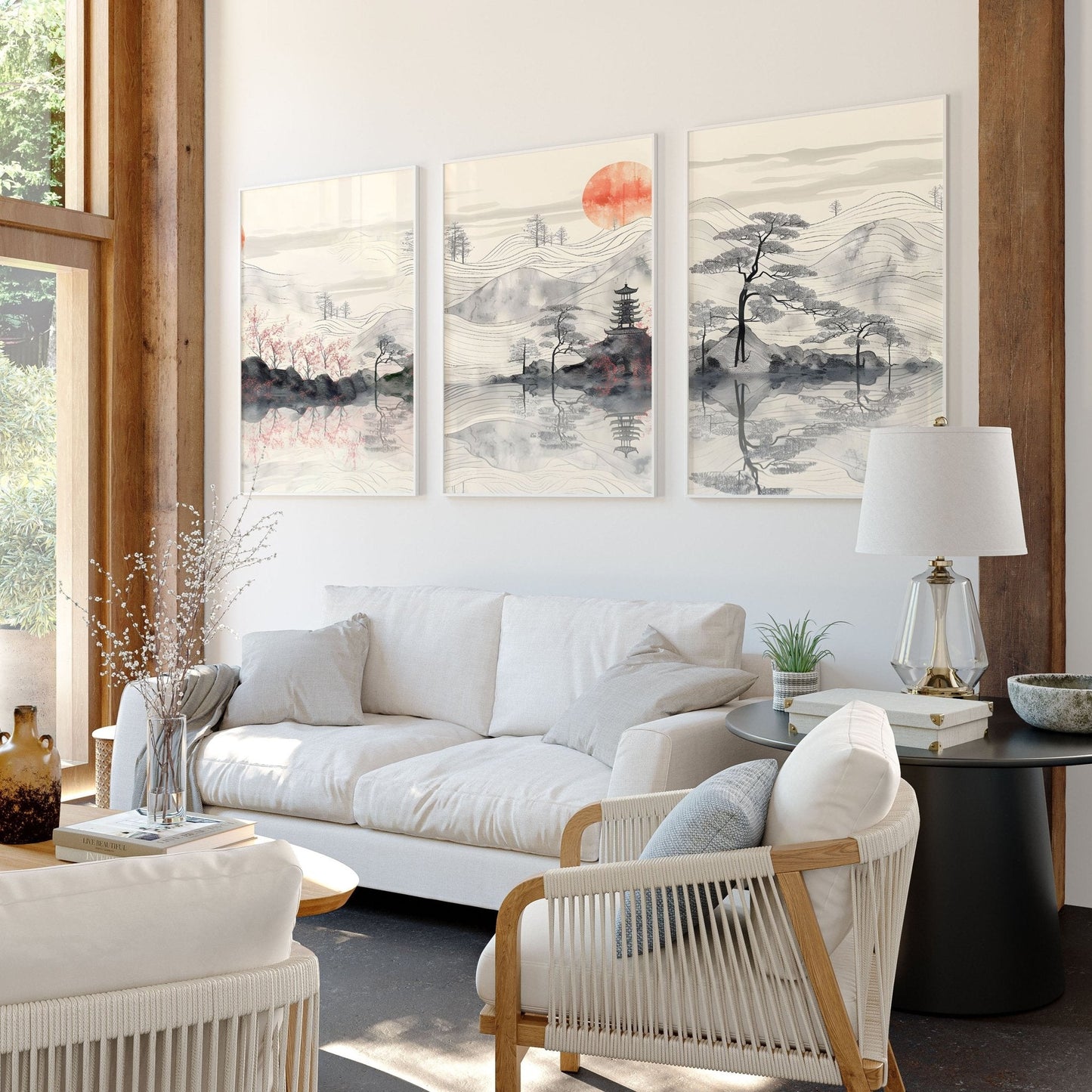 Set of three framed wall art prints for living room by About Wall Art, featuring modern decorative posters on white backgrounds.
