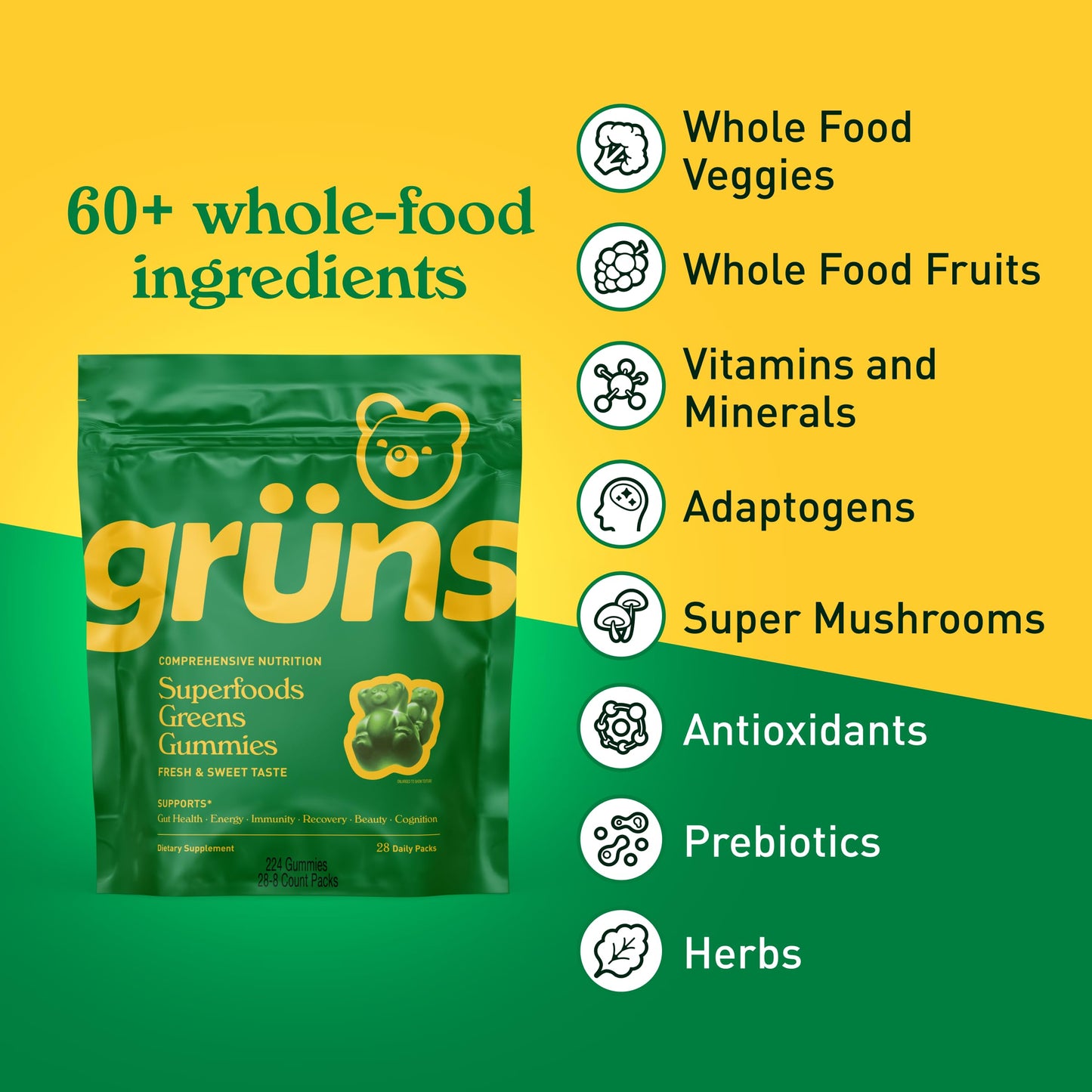 Grüns Adults Super Greens Gummies: Comprehensive Daily Nutrition in a Tasty Bite