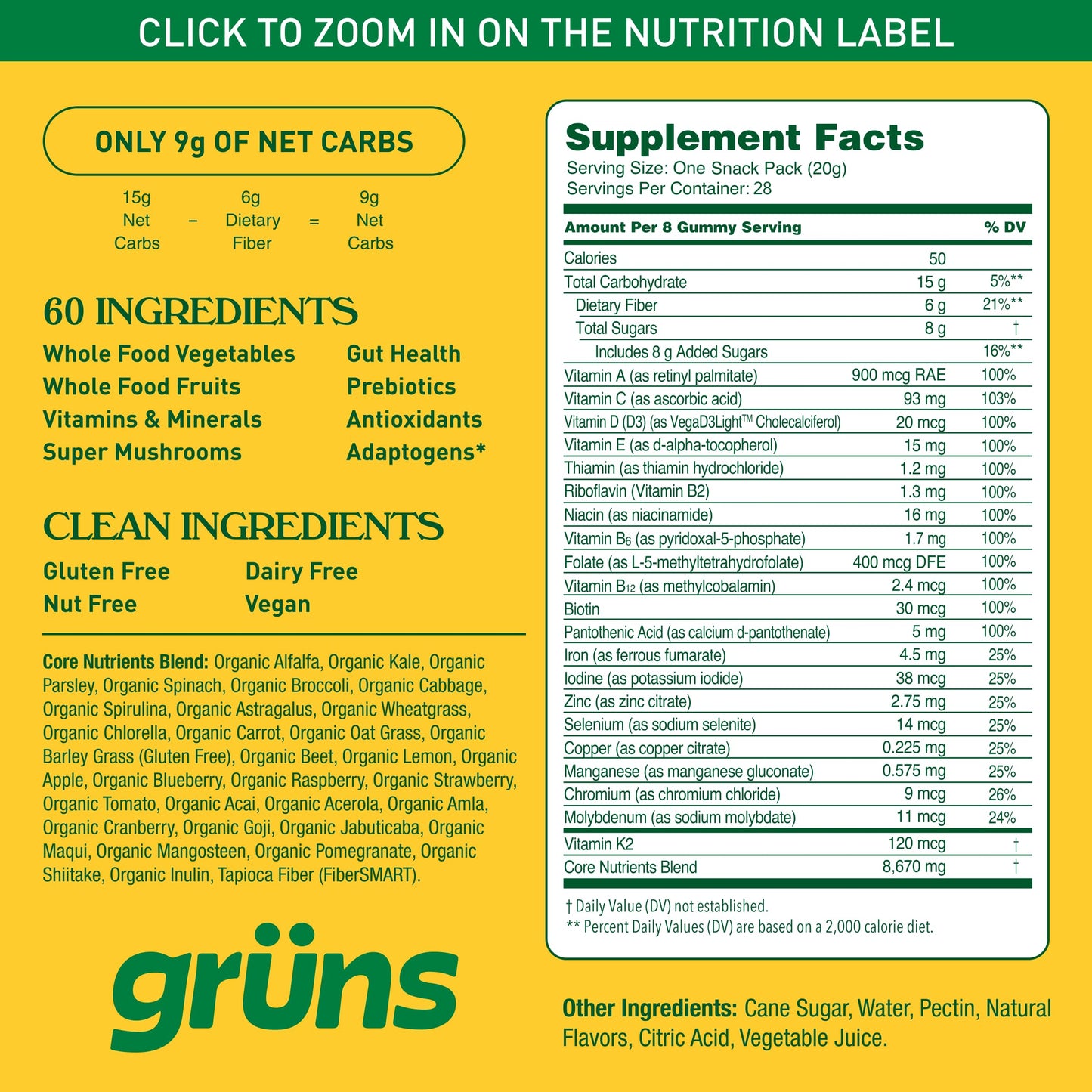 Grüns Adults Super Greens Gummies: Comprehensive Daily Nutrition in a Tasty Bite
