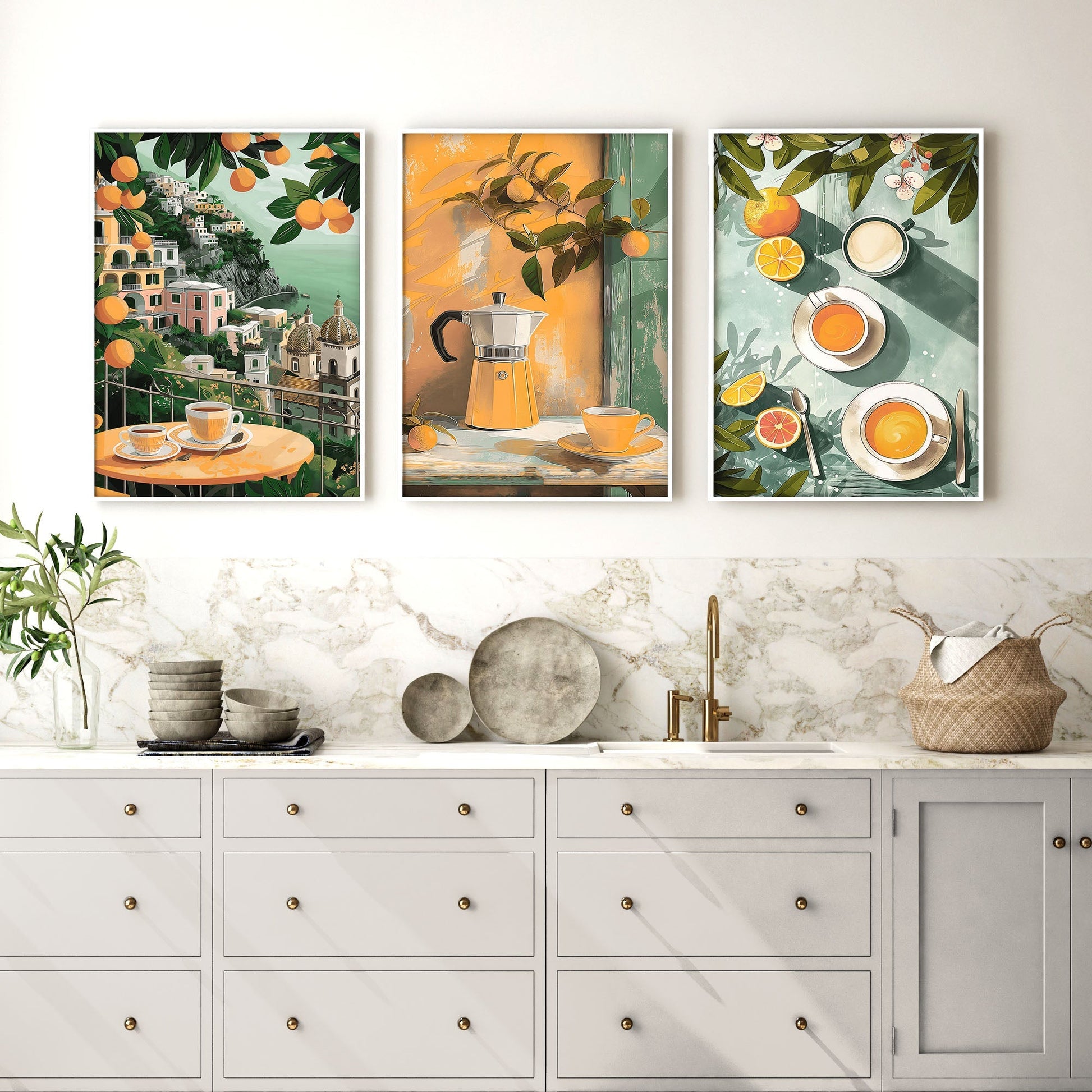 Set of 3 Italian lifestyle wall art prints for kitchen decor, featuring vibrant images of Italian culture and design.