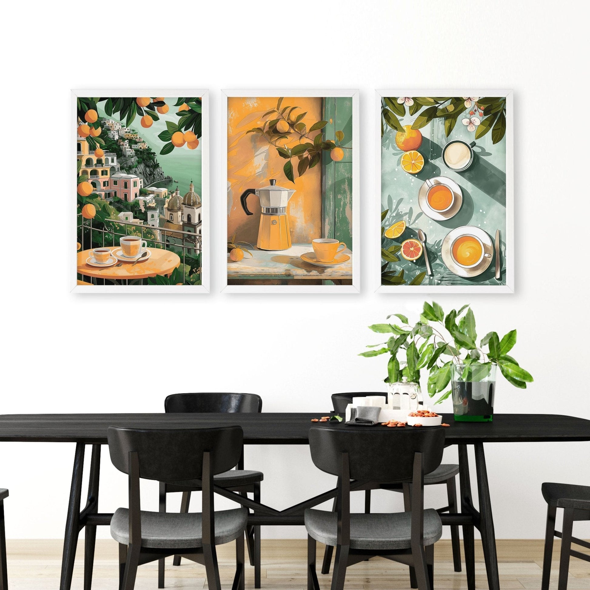 Set of 3 Italian lifestyle wall art prints for kitchen decor, featuring vibrant, artistic designs by About Wall Art.
