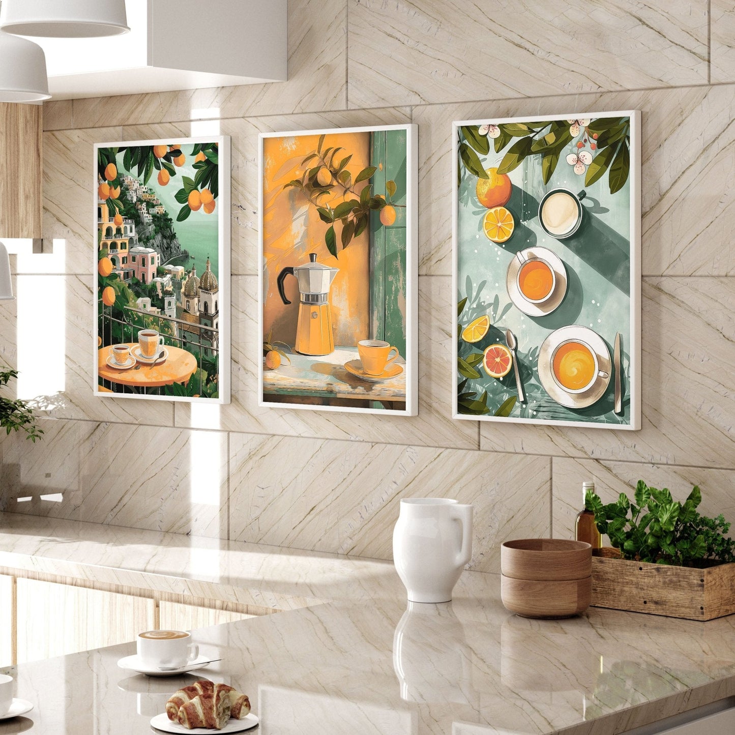 Set of 3 Italian lifestyle wall art prints for home kitchen decor, featuring vibrant, stylish kitchen-themed illustrations.