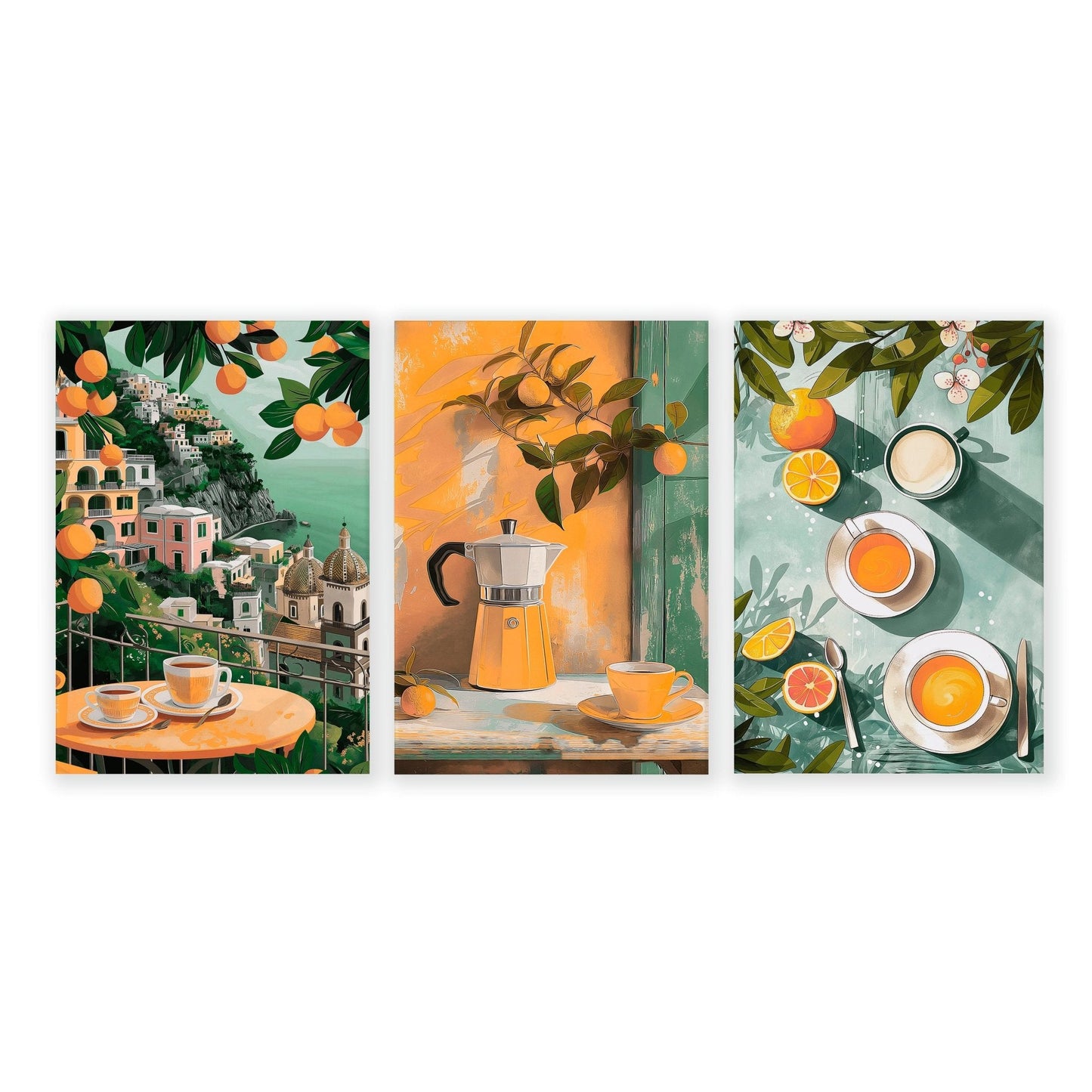 Set of 3 Italian lifestyle wall art prints for kitchen decor, featuring vibrant, artistic designs by About Wall Art.