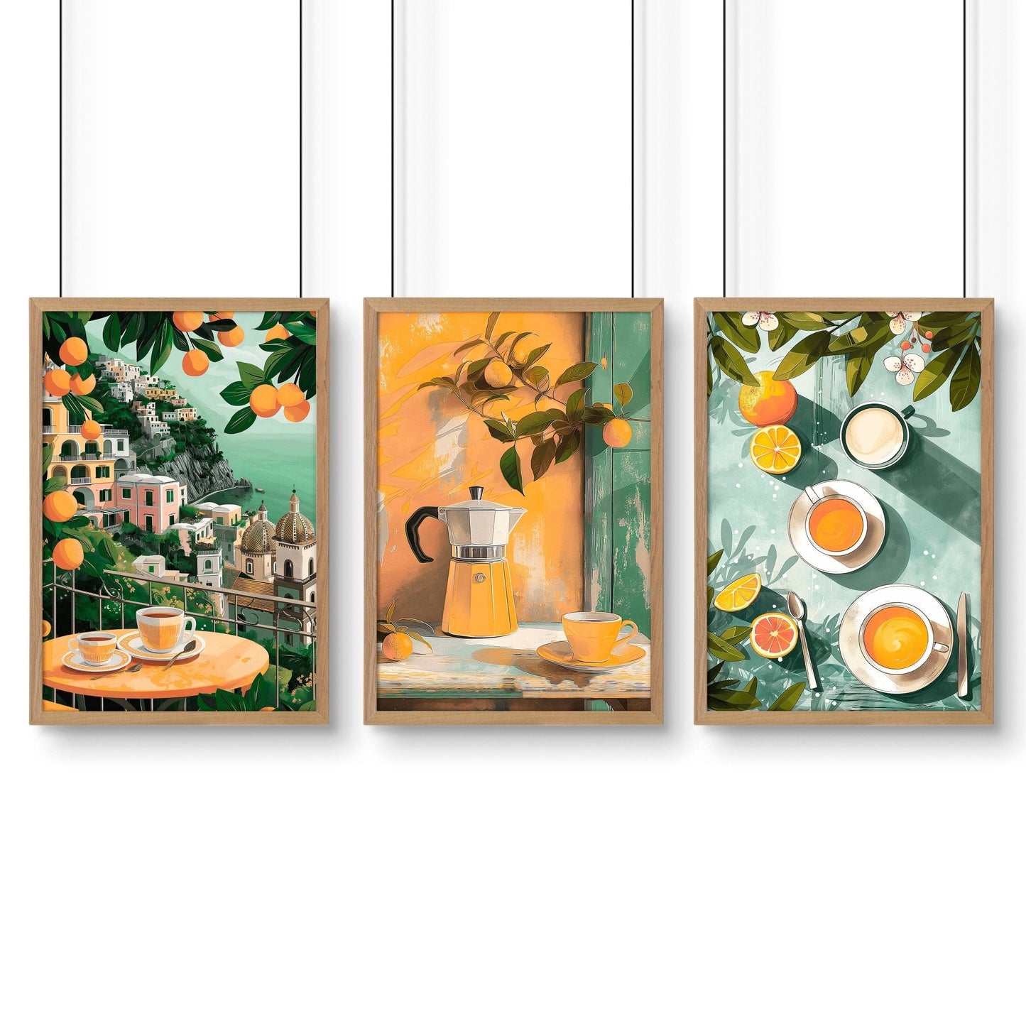Set of 3 Italian lifestyle wall art prints for kitchen decor, featuring vibrant Italian scenes and stylish home decoration.
