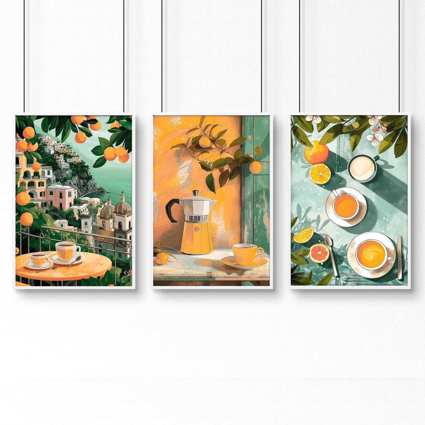 Set of 3 Italian lifestyle wall art prints for kitchen decor by About Wall Art, featuring colorful, artistic kitchen-themed designs.