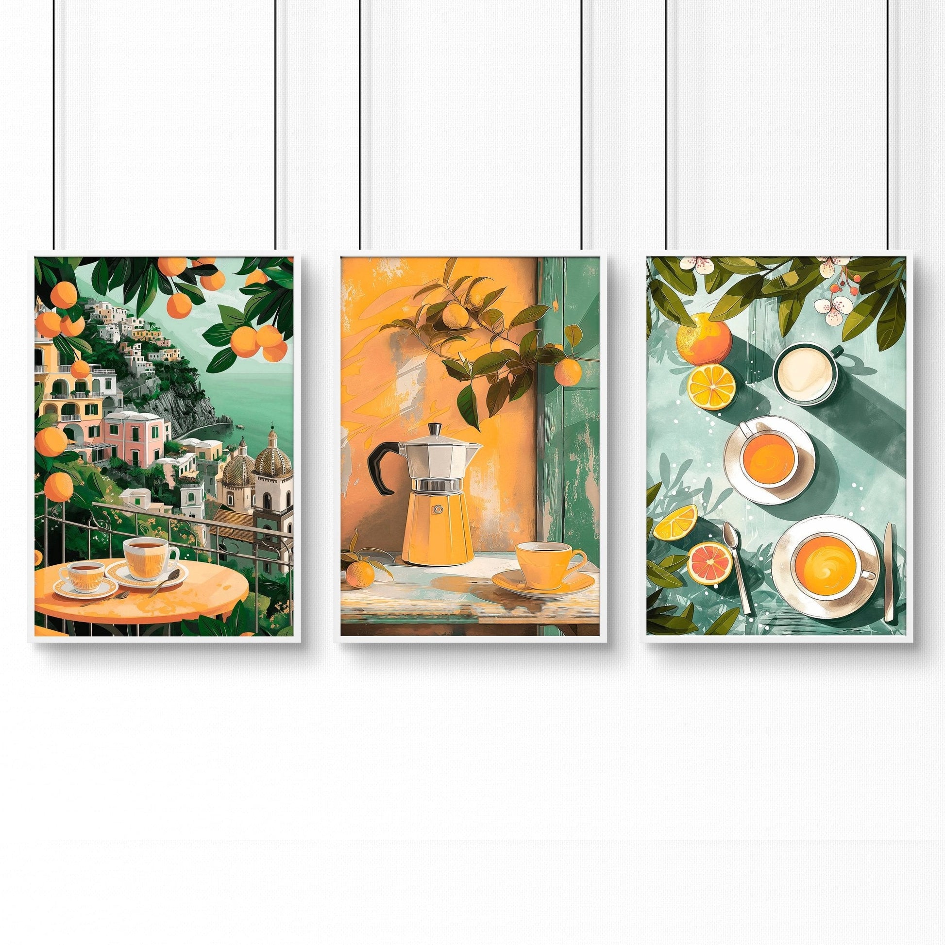 Set of 3 Italian lifestyle wall art prints for kitchen decor by About Wall Art, featuring colorful, artistic kitchen-themed designs.