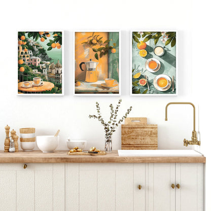 Set of 3 Italian Lifestyle Wall Art Prints for kitchen decor by About Wall Art, featuring vibrant, stylish kitchen-themed illustrations.