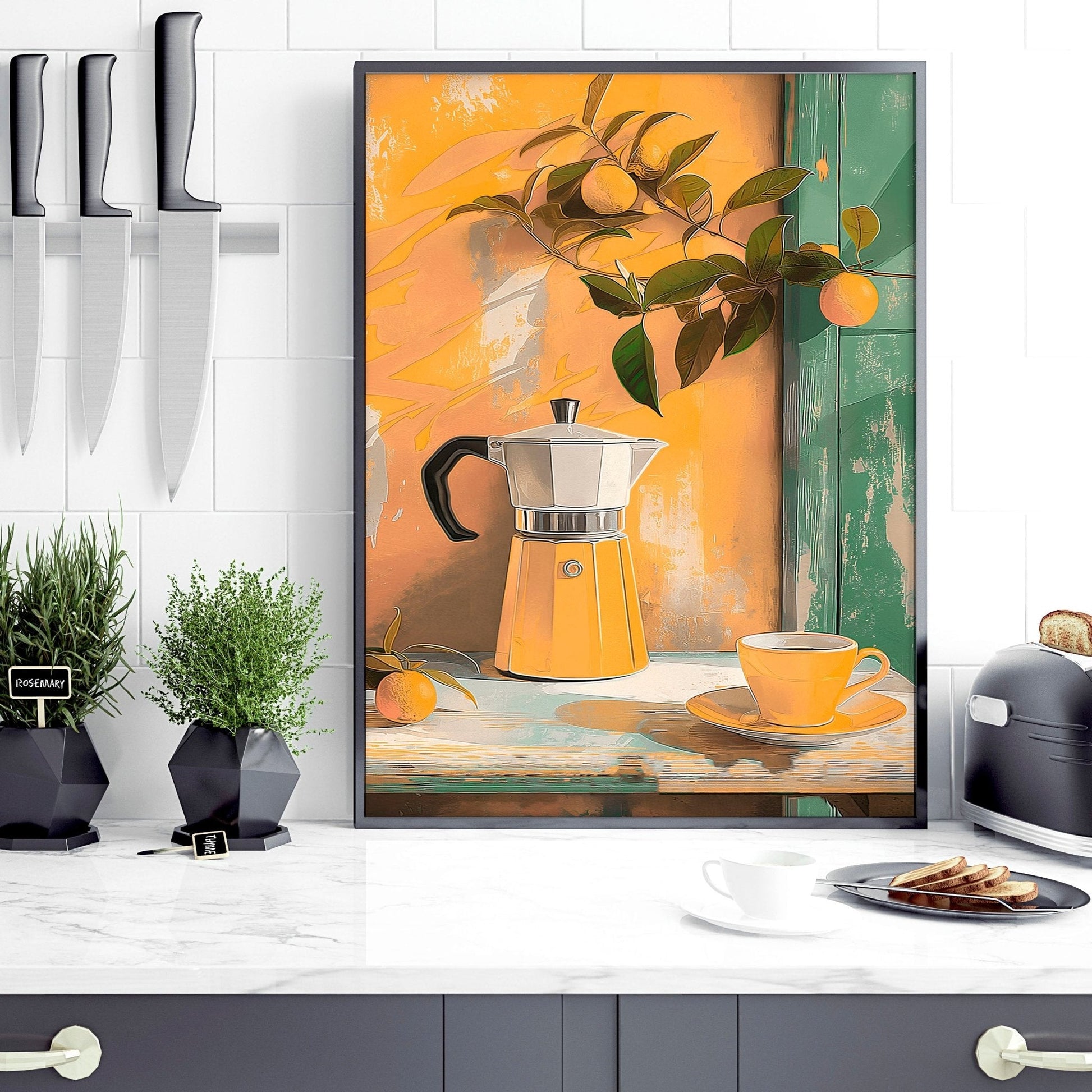 Set of 3 Italian lifestyle wall art prints for home decor, Featuring artistic kitchen-themed designs by About Wall Art.