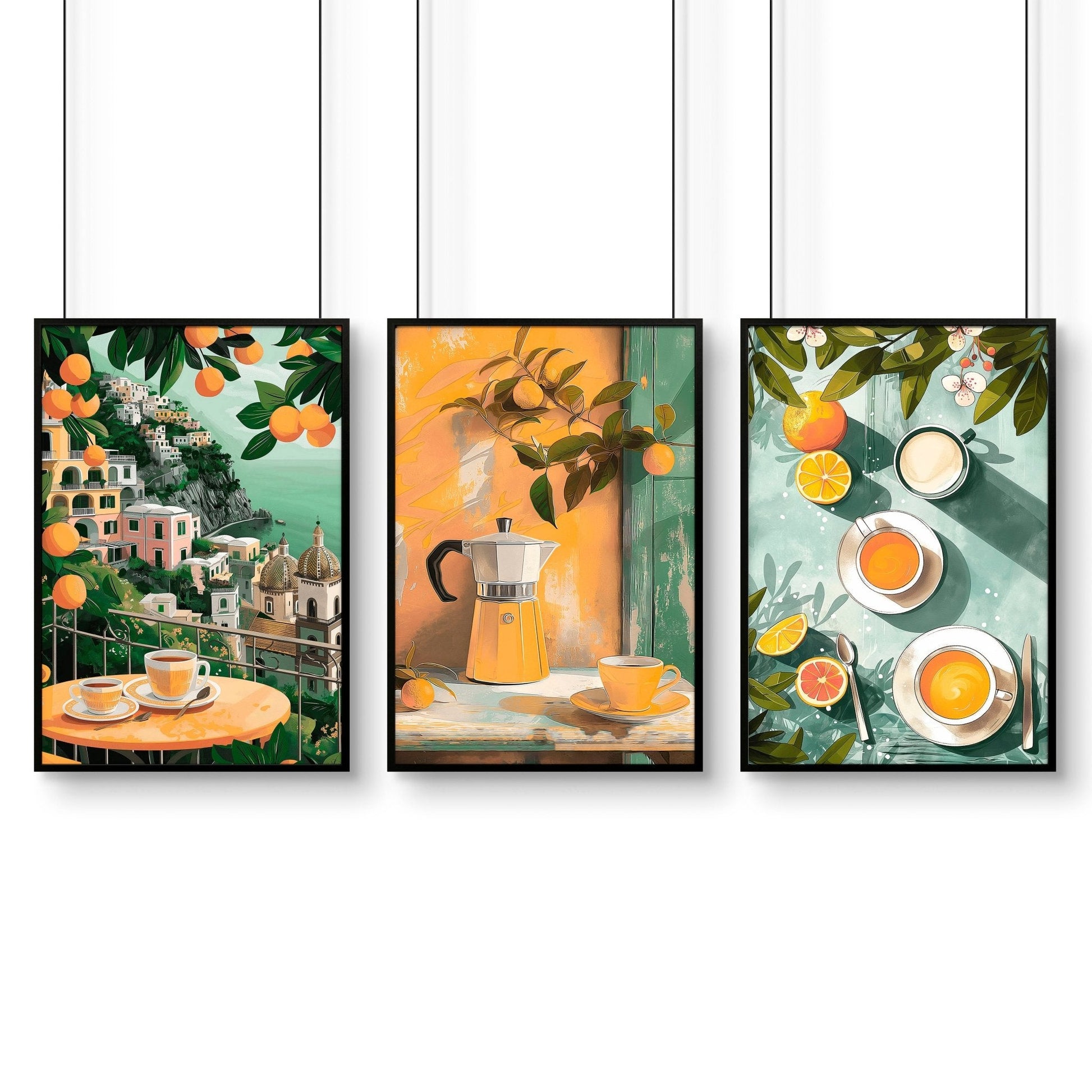 Set of 3 Italian lifestyle wall art prints for kitchen decor, featuring vibrant Italian-themed artwork by About Wall Art.