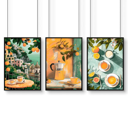 Set of 3 Italian lifestyle wall art prints for kitchen decor, featuring vibrant Italian-themed artwork by About Wall Art.