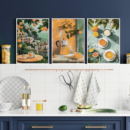Set of 3 Italian lifestyle wall art prints for kitchen decor by About Wall Art, featuring colorful, artistic kitchen-themed designs.