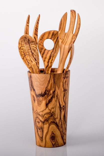 Luxury Solid Olive Wood Utensil Holder | Rustic Kitchen Utensil Crock