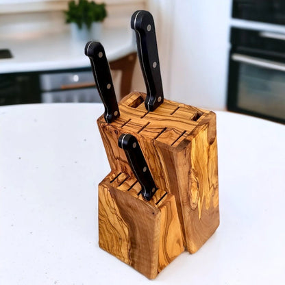 Handcrafted Olive Wood Knife Block | Rustic Kitchen Knife Holder